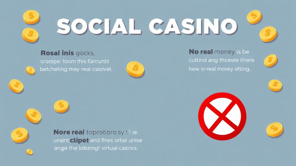 Friendly illustration explaining the free-to-play concept with virtual coins, game icons and a "no real money" stamp