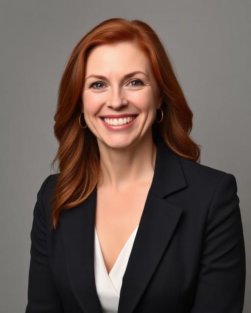 Professional portrait of Eleanor Whitfield, woman in her 30s with red hair, dark blazer, warm smile against a neutral studio background
