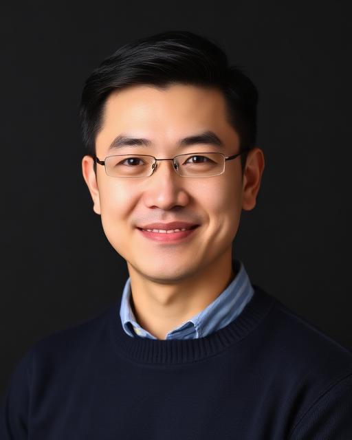 Professional portrait of Marcus Chen, Asian man in his late 20s with short black hair, navy jumper, confident expression against a dark studio background