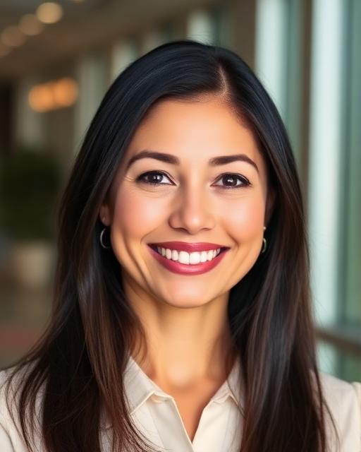Professional portrait of Sofia Ramirez, Latin American woman in her early 30s with long dark hair, cream-coloured blouse, bright smile in a modern office setting
